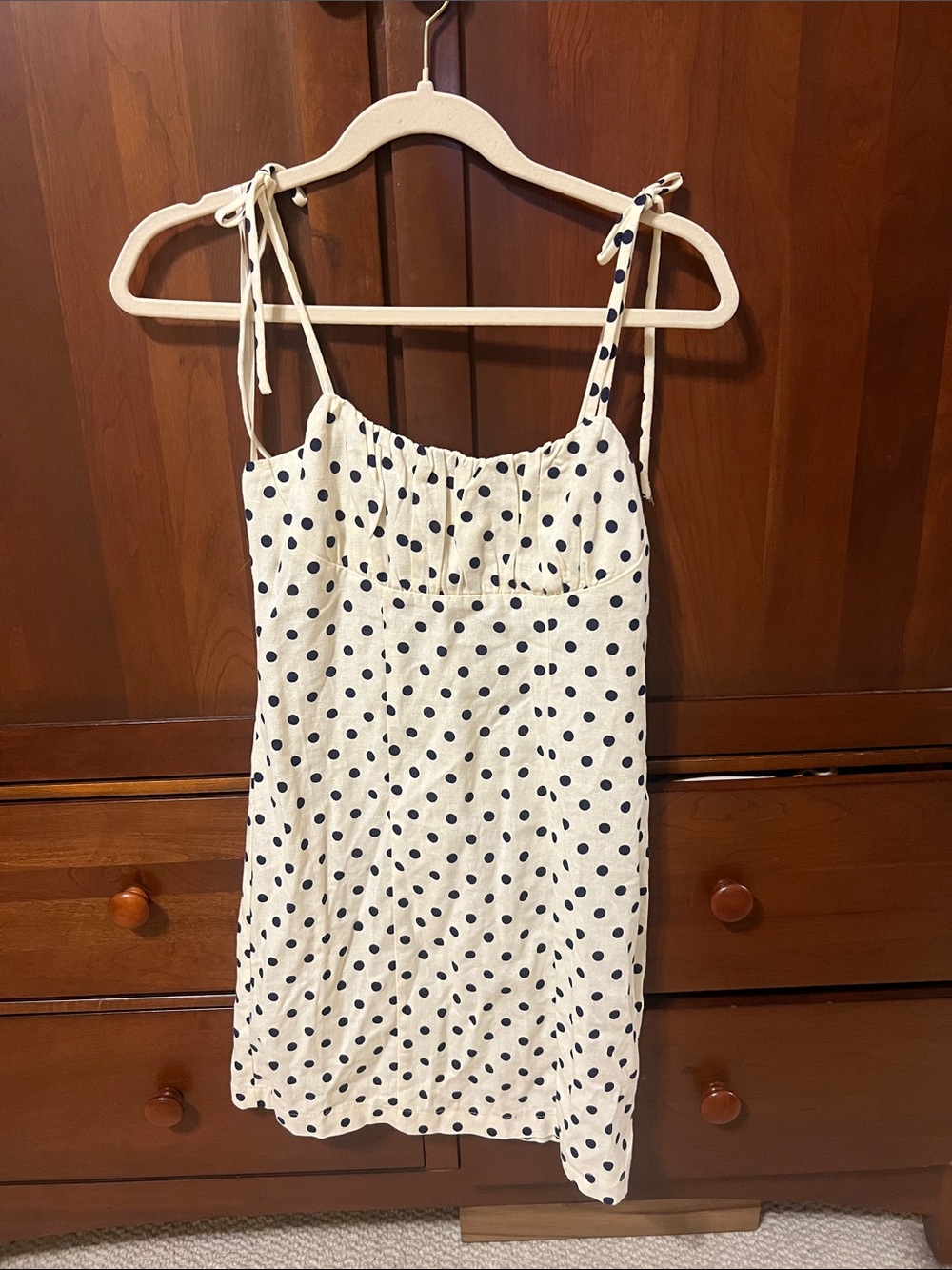 Monteau Cream dress with Navy Polka Dots